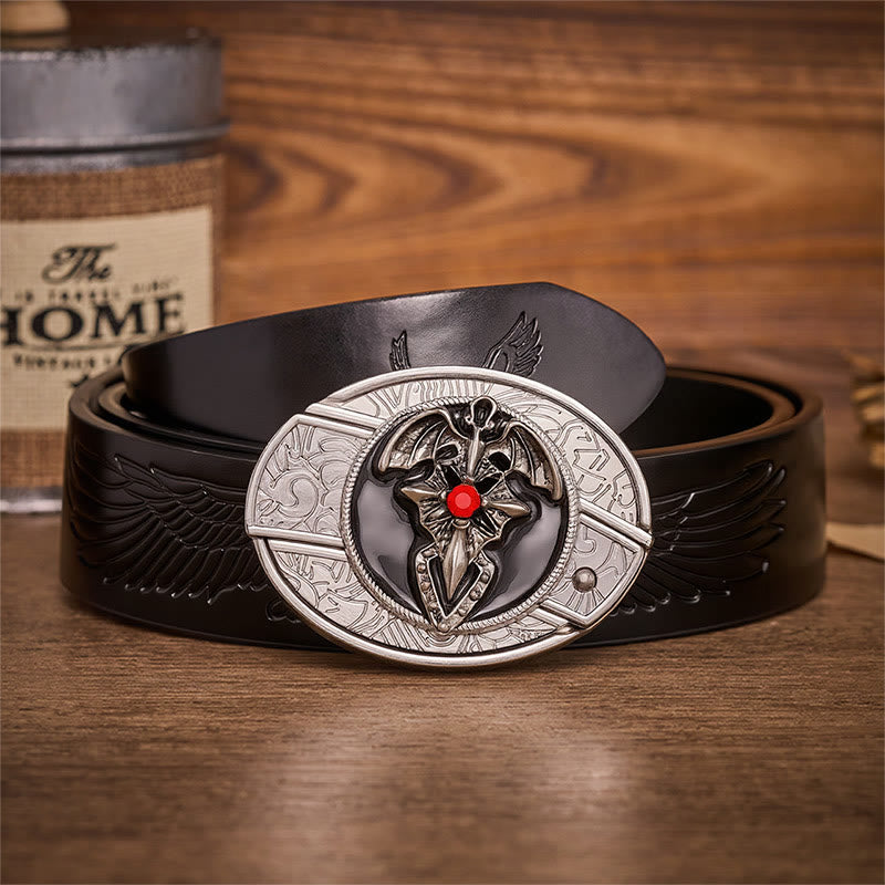 Ceinture en cuir avec boucle de couteau pliant dissimulant un dragon gothique et une chauve-souris - Chauve-souris dragon - Ceinture noire à motif aigle en relief - 42 - image 2