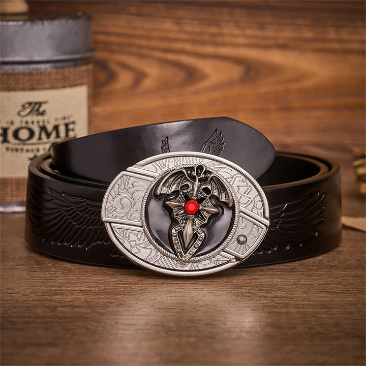 Ceinture en cuir avec boucle de couteau pliant dissimulant un dragon gothique et une chauve-souris - Chauve-souris dragon - Ceinture noire à motif aigle en relief - 42 - image 2