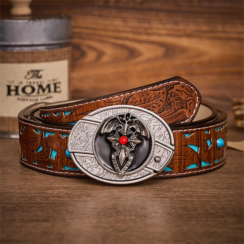 Ceinture en cuir avec boucle de couteau pliant dissimulant un dragon gothique et une chauve-souris - Chauve-souris dragon - Ceinture turquoise sculptée - 42 - image 3