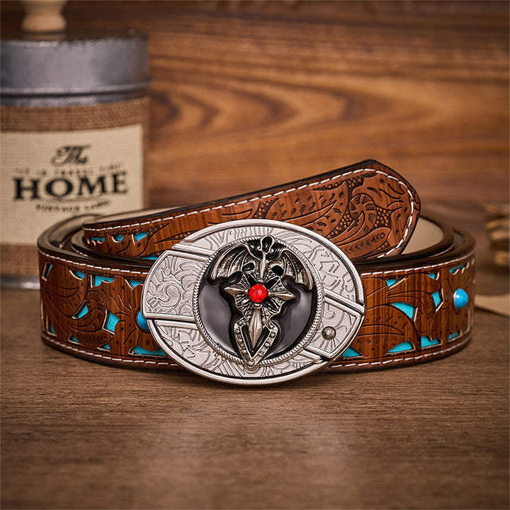 Ceinture en cuir avec boucle de couteau pliant dissimulant un dragon gothique et une chauve-souris - Chauve-souris dragon - Ceinture turquoise sculptée - 42 - image 3