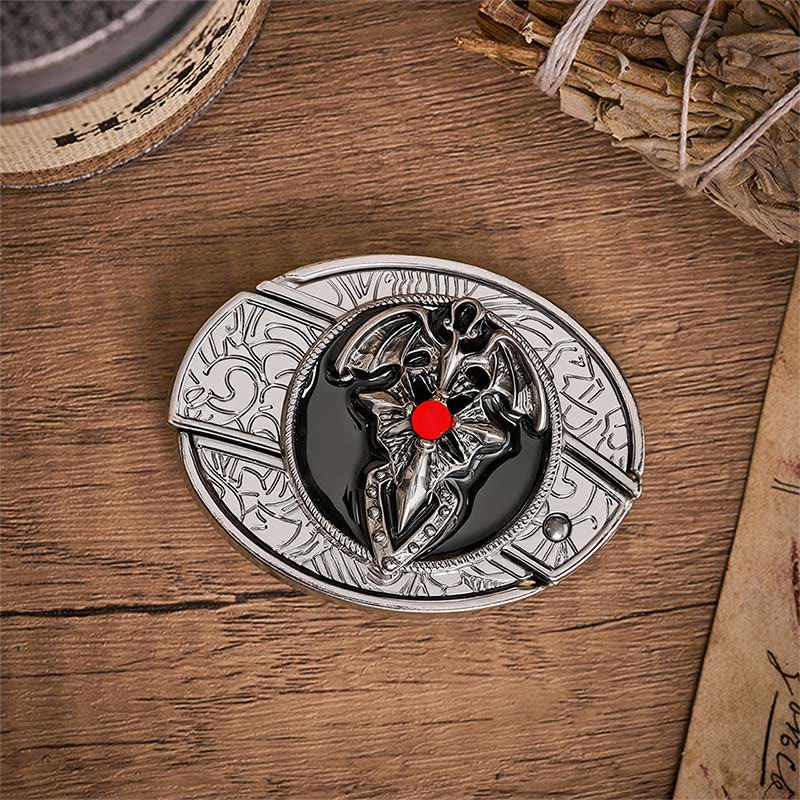 Ceinture en cuir avec boucle de couteau pliant dissimulant un dragon gothique et une chauve-souris - image 9