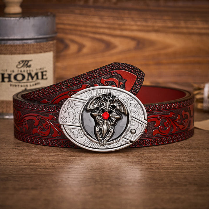 Ceinture en cuir avec boucle de couteau pliant dissimulant un dragon gothique et une chauve-souris - Chauve-souris dragon - Ceinture sculptée marron - 42 - image 6