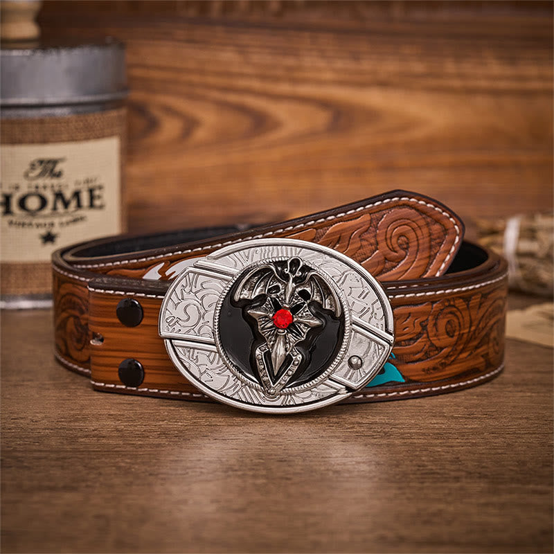 Ceinture en cuir avec boucle de couteau pliant dissimulant un dragon gothique et une chauve-souris - Chauve-souris dragon - Ceinture de plumes brunes - 40 - image 7