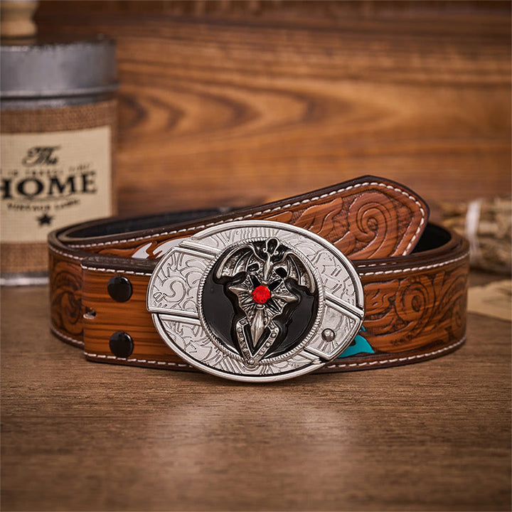 Ceinture en cuir avec boucle de couteau pliant dissimulant un dragon gothique et une chauve-souris - Chauve-souris dragon - Ceinture de plumes brunes - 40 - image 7