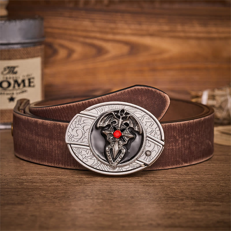 Ceinture en cuir avec boucle de couteau pliant dissimulant un dragon gothique et une chauve-souris - Chauve-souris dragon - Ceinture marron vieillie - 42 - image 5