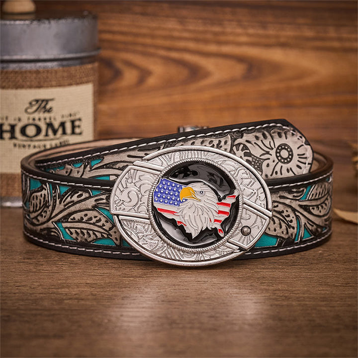 Ceinture en cuir avec boucle de couteau pliant dissimulée, drapeau américain Freedom et aigle. - Drapeau de l'aigle américain - Ceinture à fleurs grises - 42 - image 8