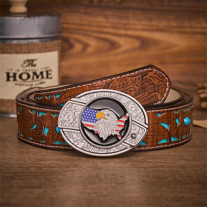 Ceinture en cuir avec boucle de couteau pliant dissimulée, drapeau américain Freedom et aigle. - Drapeau de l'aigle américain - Ceinture turquoise sculptée - 42 - image 3
