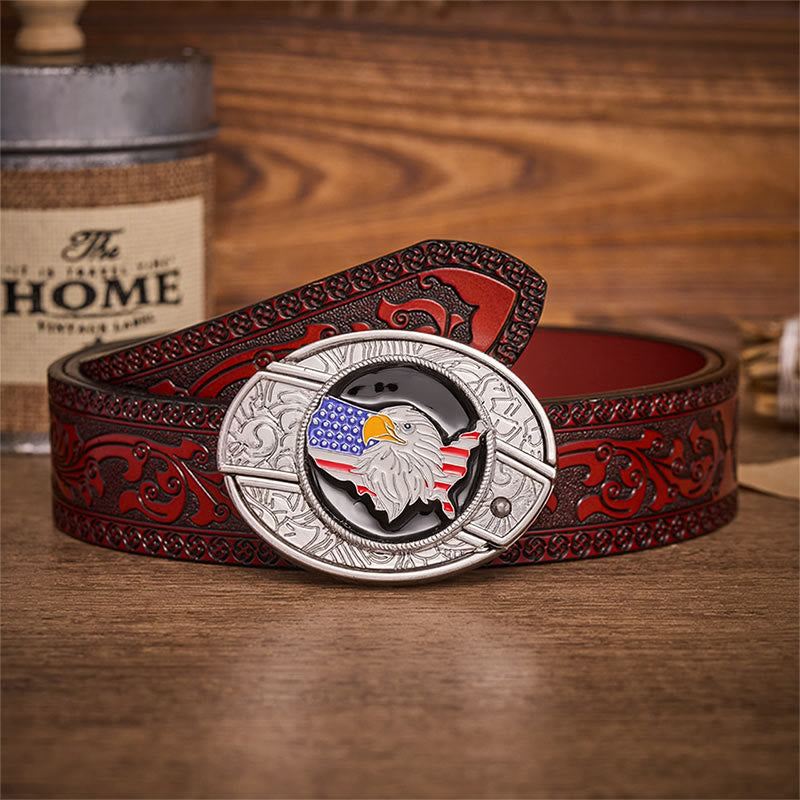 Ceinture en cuir avec boucle de couteau pliant dissimulée, drapeau américain Freedom et aigle. - Drapeau de l'aigle américain - Ceinture sculptée marron - 42 - image 6
