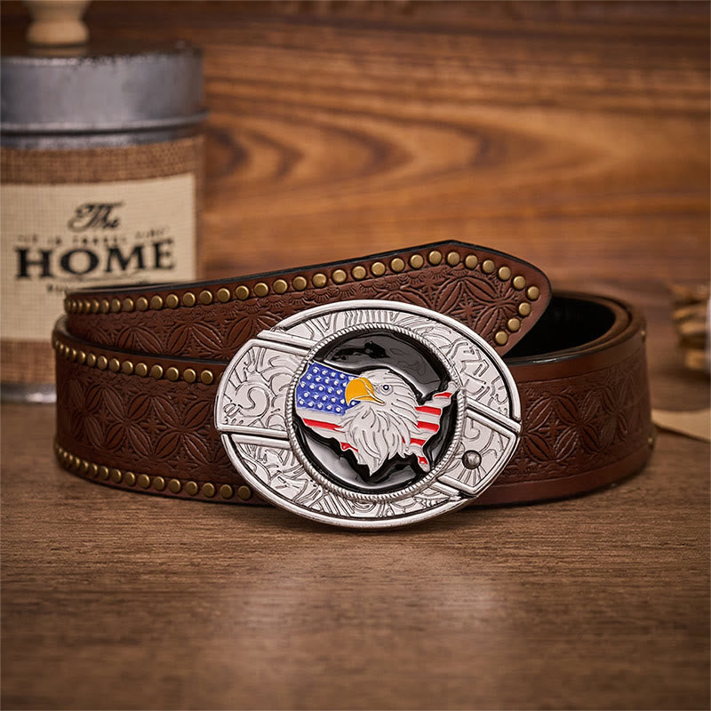 Ceinture en cuir avec boucle de couteau pliant dissimulée, drapeau américain Freedom et aigle. - Drapeau de l'aigle américain - Ceinture à rivets marron - 42 - image 4
