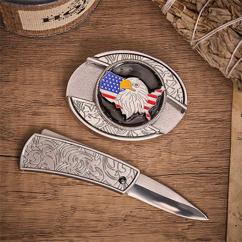 Ceinture en cuir avec boucle de couteau pliant dissimulée, drapeau américain Freedom et aigle. - image 1