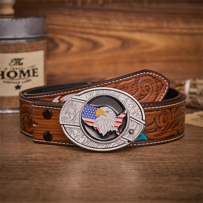 Ceinture en cuir avec boucle de couteau pliant dissimulée, drapeau américain Freedom et aigle. - Drapeau de l'aigle américain - Ceinture de plumes brunes - 40 - image 7
