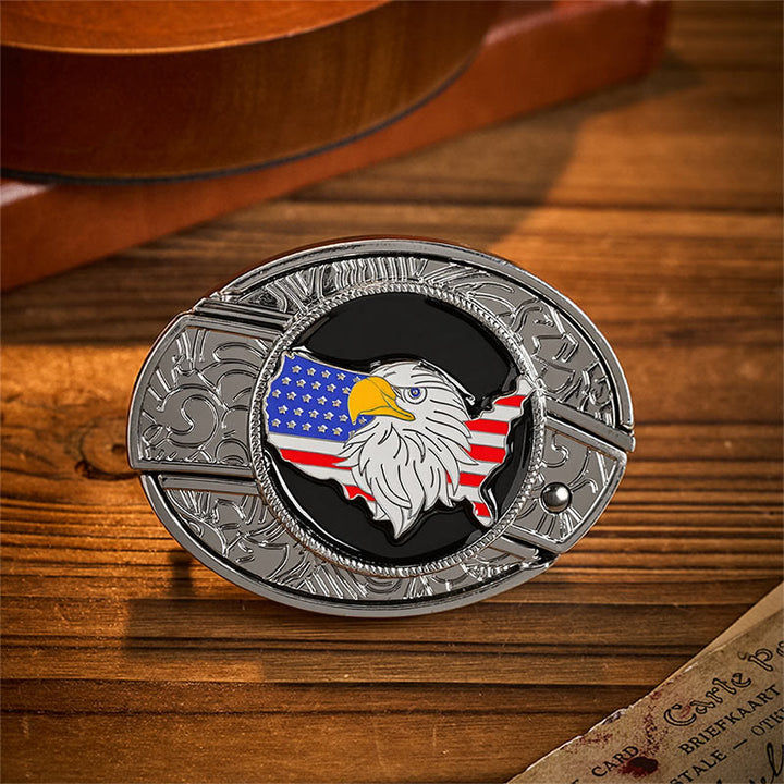 Ceinture en cuir avec boucle de couteau pliant dissimulée, drapeau américain Freedom et aigle. - Drapeau de l'aigle américain - Sans ceinture - Ceinture non incluse - image 0