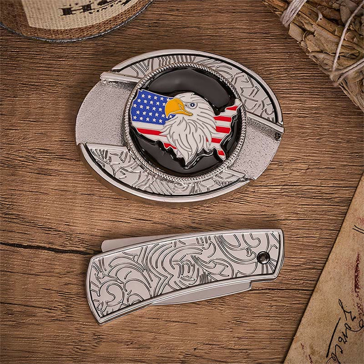 Ceinture en cuir avec boucle de couteau pliant dissimulée, drapeau américain Freedom et aigle. - image 10