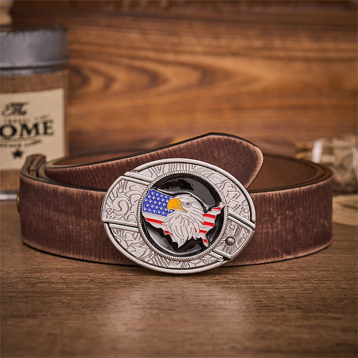 Ceinture en cuir avec boucle de couteau pliant dissimulée, drapeau américain Freedom et aigle. - Drapeau de l'aigle américain - Ceinture marron vieillie - 42 - image 5