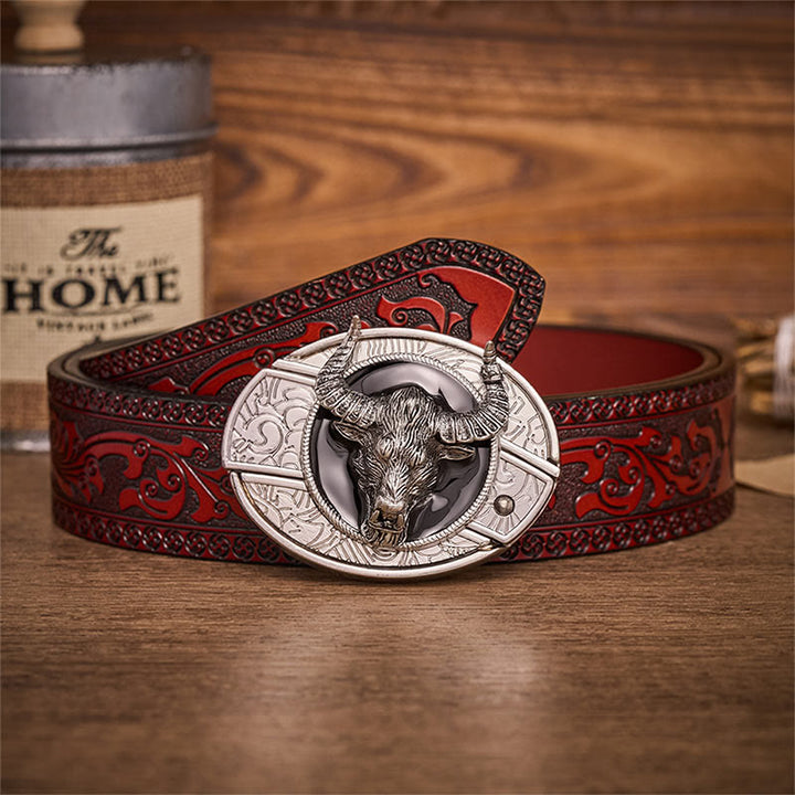 Ceinture en cuir avec boucle de couteau pliant dissimulé Longhorn Legend Bull Head - Taureau Longhorn - Ceinture sculptée marron - 42 - image 6