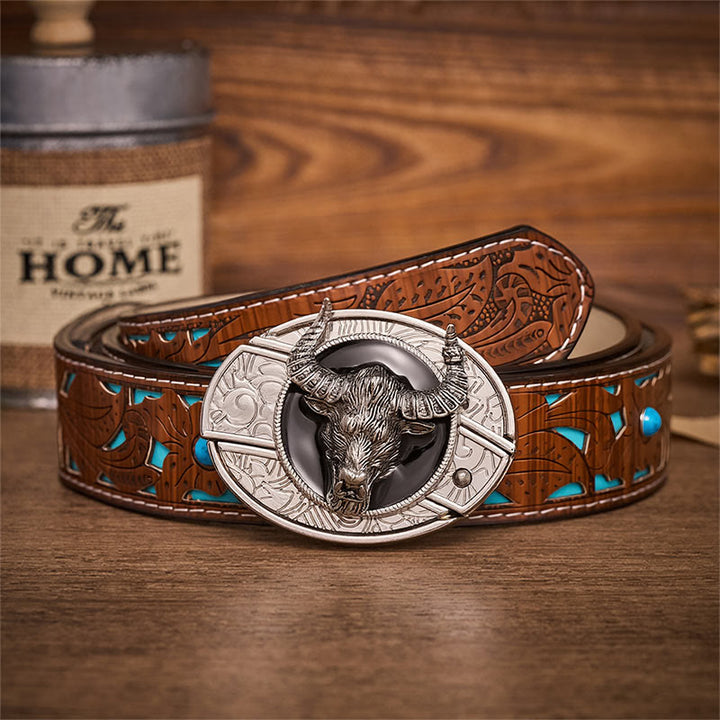 Ceinture en cuir avec boucle de couteau pliant dissimulé Longhorn Legend Bull Head - Taureau Longhorn - Ceinture turquoise sculptée - 42 - image 3