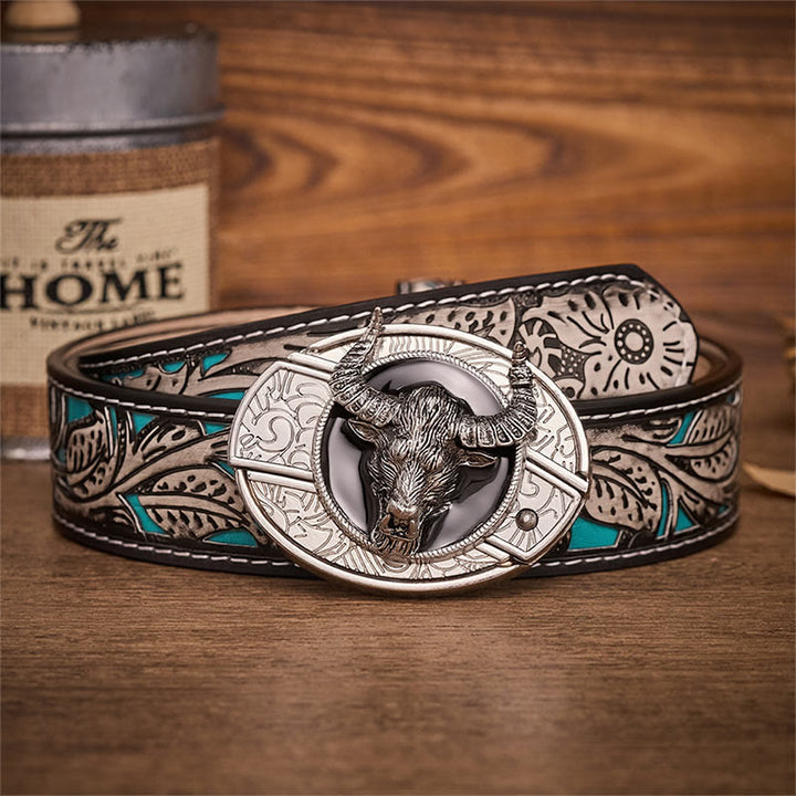 Ceinture en cuir avec boucle de couteau pliant dissimulé Longhorn Legend Bull Head - Taureau Longhorn - Ceinture à fleurs grises - 42 - image 8