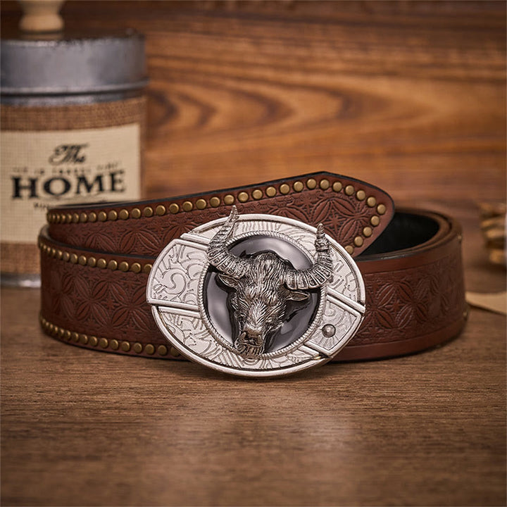 Ceinture en cuir avec boucle de couteau pliant dissimulé Longhorn Legend Bull Head - Taureau Longhorn - Ceinture à rivets marron - 42 - image 4