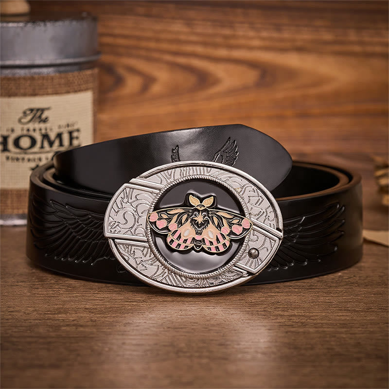 Ceinture en cuir avec boucle de couteau pliant dissimulé Mystic Moth rose et or - Papillon de nuit - Ceinture noire à motif aigle en relief - 42 - image 2