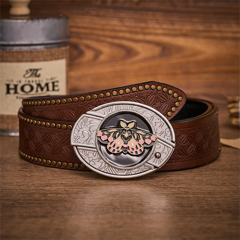 Ceinture en cuir avec boucle de couteau pliant dissimulé Mystic Moth rose et or - Papillon de nuit - Ceinture à rivets marron - 42 - image 4