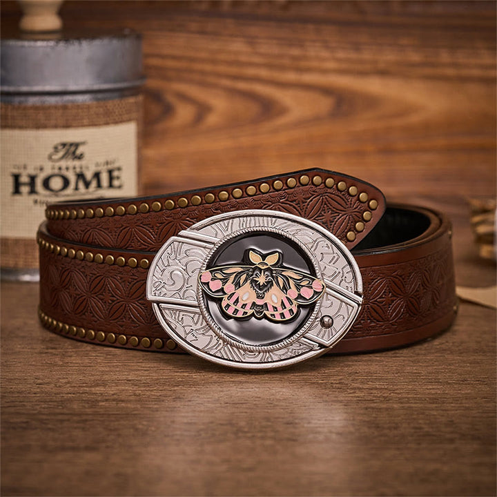 Ceinture en cuir avec boucle de couteau pliant dissimulé Mystic Moth rose et or - Papillon de nuit - Ceinture à rivets marron - 42 - image 4