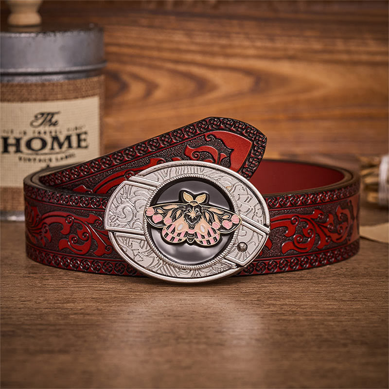 Ceinture en cuir avec boucle de couteau pliant dissimulé Mystic Moth rose et or - Papillon de nuit - Ceinture sculptée marron - 42 - image 6
