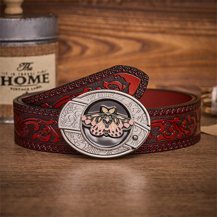 Ceinture en cuir avec boucle de couteau pliant dissimulé Mystic Moth rose et or - Papillon de nuit - Ceinture sculptée marron - 42 - image 6