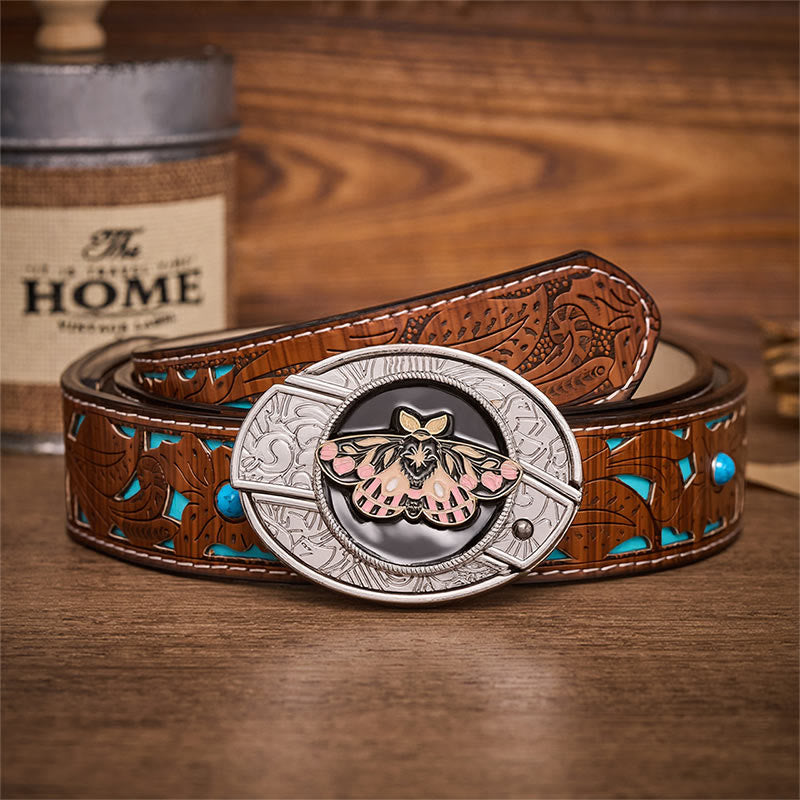 Ceinture en cuir avec boucle de couteau pliant dissimulé Mystic Moth rose et or - Papillon de nuit - Ceinture turquoise sculptée - 42 - image 3