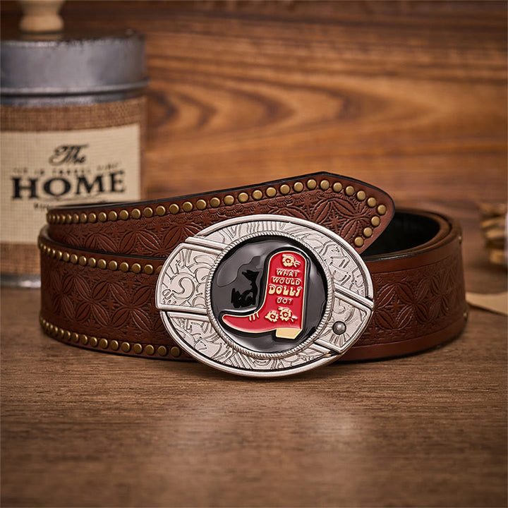 Ceinture en cuir avec boucle dissimulant un couteau pliant dans une botte de cowboy rouge - Bottes de cowboy rouges - Ceinture à rivets marron - 42 - image 4