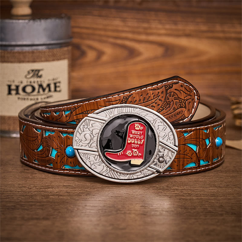 Ceinture en cuir avec boucle dissimulant un couteau pliant dans une botte de cowboy rouge - Bottes de cowboy rouges - Ceinture turquoise sculptée - 42 - image 3