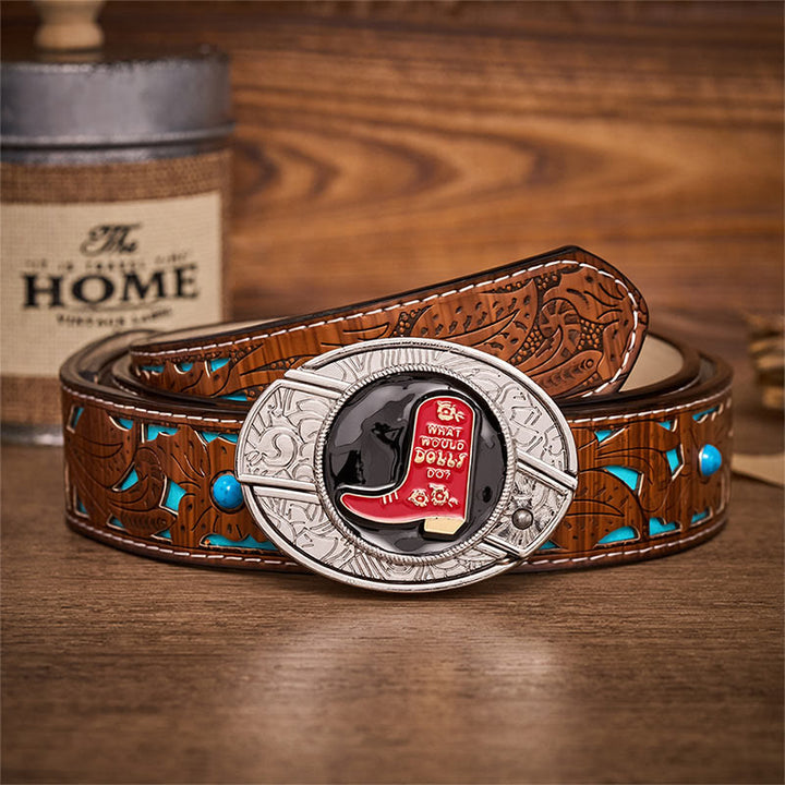 Ceinture en cuir avec boucle dissimulant un couteau pliant dans une botte de cowboy rouge - Bottes de cowboy rouges - Ceinture turquoise sculptée - 42 - image 3