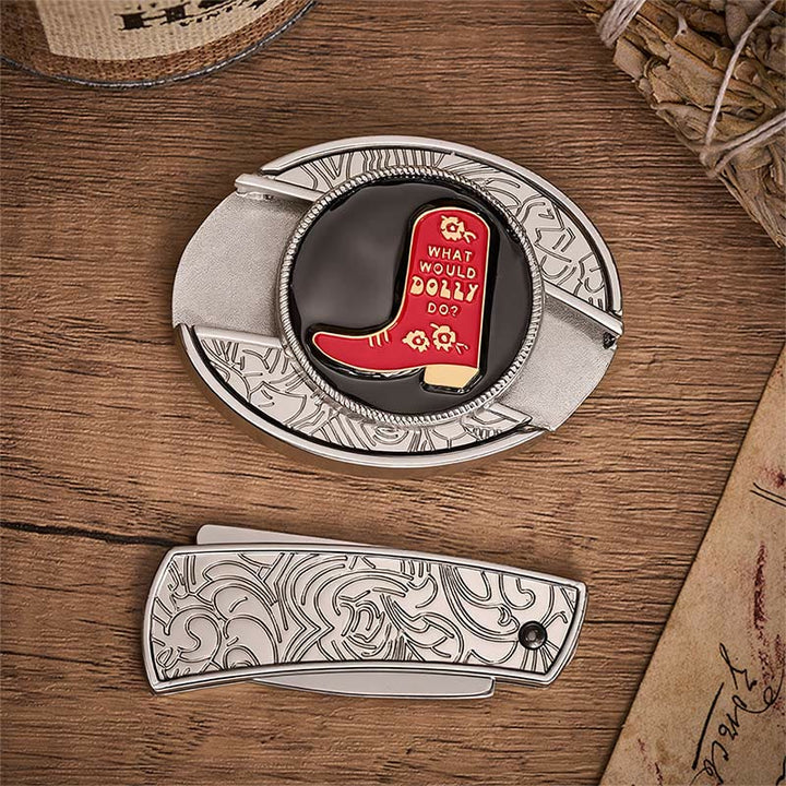 Ceinture en cuir avec boucle dissimulant un couteau pliant dans une botte de cowboy rouge - image 10