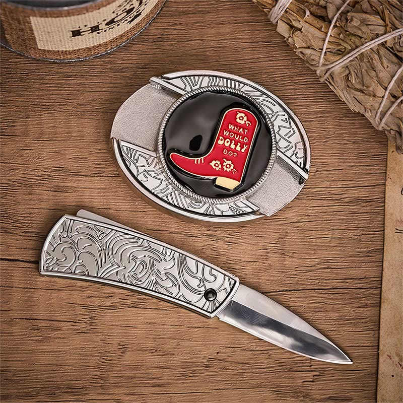 Ceinture en cuir avec boucle dissimulant un couteau pliant dans une botte de cowboy rouge - image 1