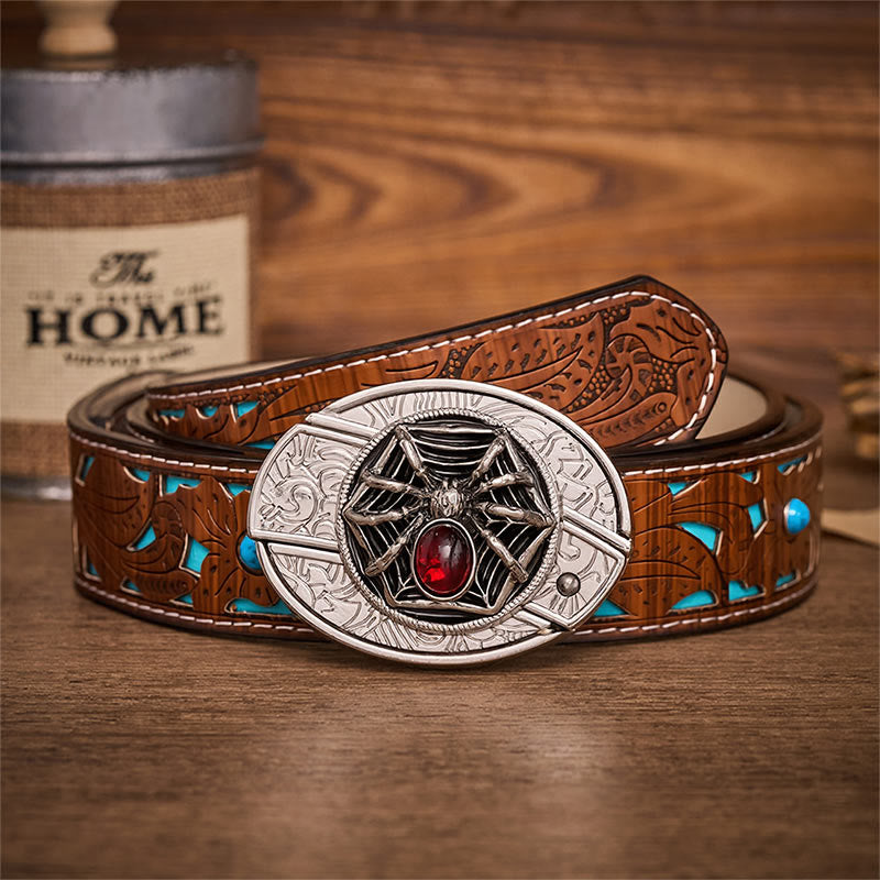 Ceinture en cuir avec boucle de couteau pliant dissimulée en forme d'araignée gothique et de toile d'araignée sanglante - Araignée - Ceinture turquoise sculptée - 42 - image 3