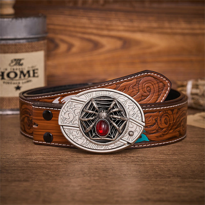 Ceinture en cuir avec boucle de couteau pliant dissimulée en forme d'araignée gothique et de toile d'araignée sanglante - Araignée - Ceinture de plumes brunes - 40 - image 7