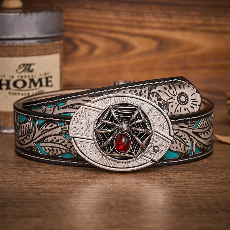 Ceinture en cuir avec boucle de couteau pliant dissimulée en forme d'araignée gothique et de toile d'araignée sanglante - Araignée - Ceinture à fleurs grises - 42 - image 8