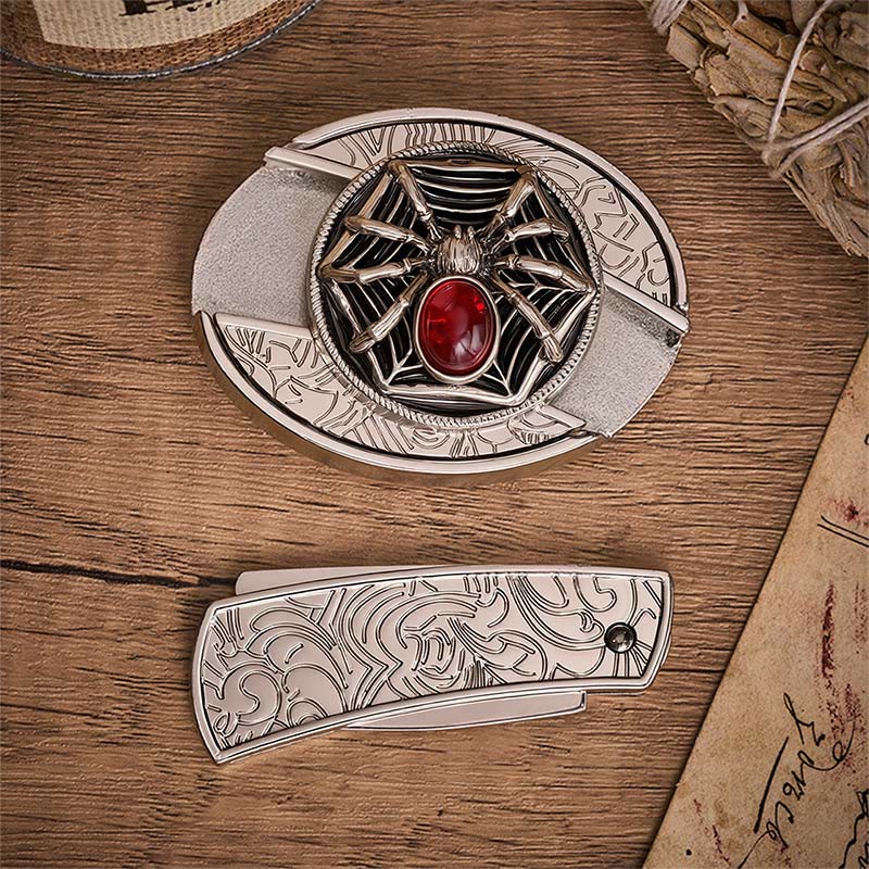 Ceinture en cuir avec boucle de couteau pliant dissimulée en forme d'araignée gothique et de toile d'araignée sanglante - image 10