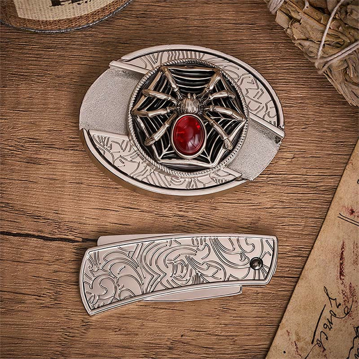 Ceinture en cuir avec boucle de couteau pliant dissimulée en forme d'araignée gothique et de toile d'araignée sanglante - image 10