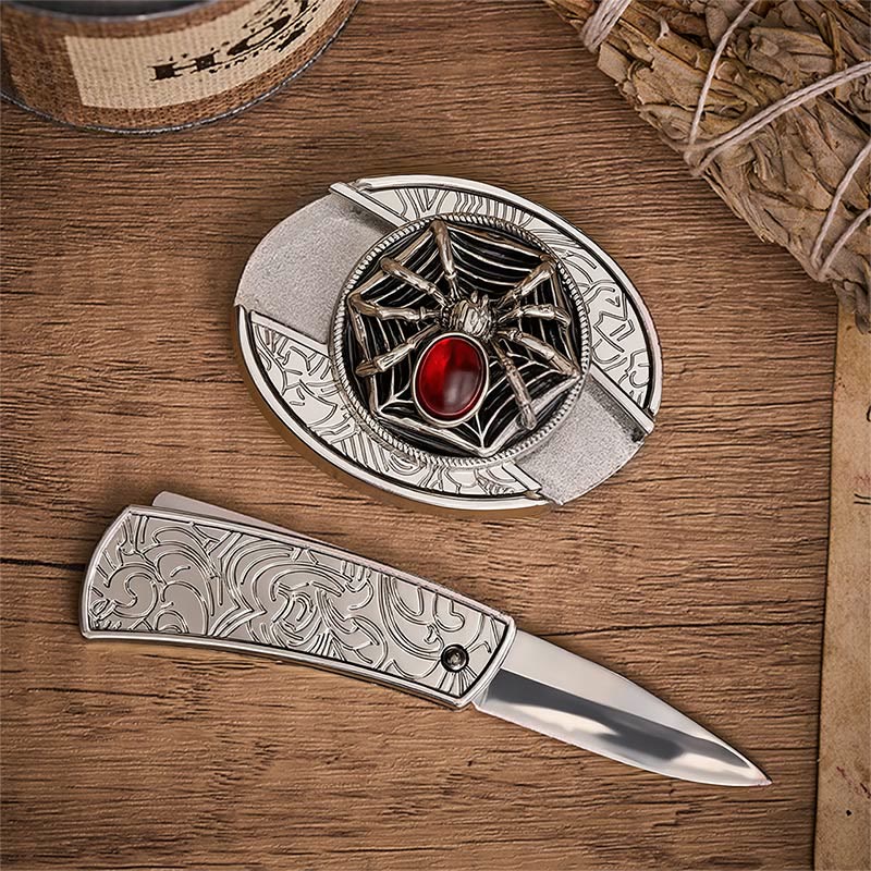 Ceinture en cuir avec boucle de couteau pliant dissimulée en forme d'araignée gothique et de toile d'araignée sanglante - image 1