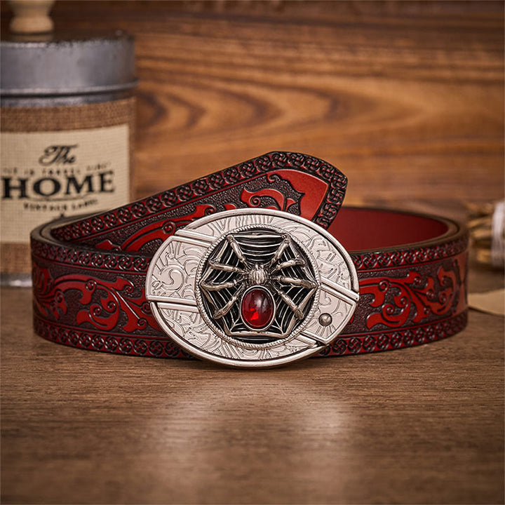 Ceinture en cuir avec boucle de couteau pliant dissimulée en forme d'araignée gothique et de toile d'araignée sanglante - Araignée - Ceinture sculptée marron - 42 - image 6
