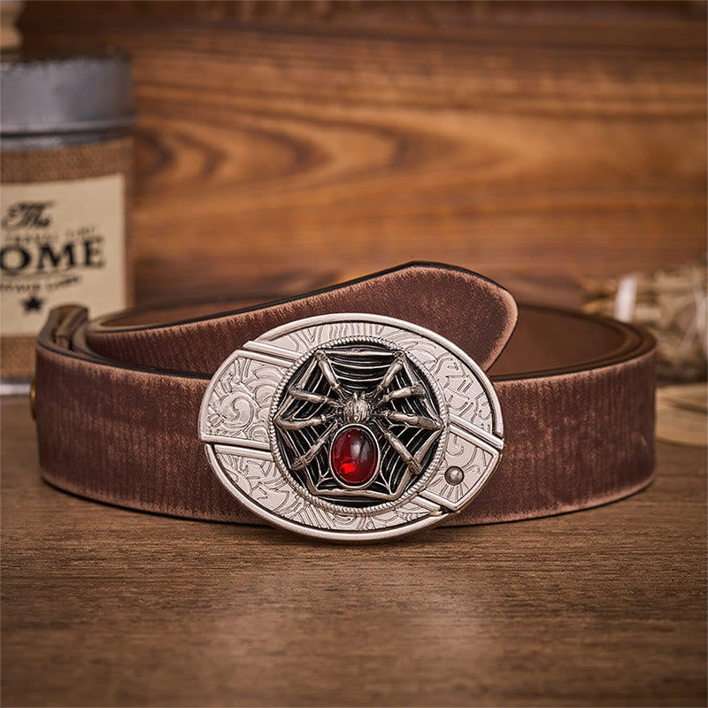 Ceinture en cuir avec boucle de couteau pliant dissimulée en forme d'araignée gothique et de toile d'araignée sanglante - Araignée - Ceinture marron vieillie - 42 - image 5
