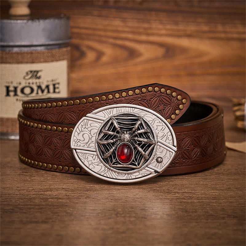 Ceinture en cuir avec boucle de couteau pliant dissimulée en forme d'araignée gothique et de toile d'araignée sanglante - Araignée - Ceinture à rivets marron - 42 - image 4
