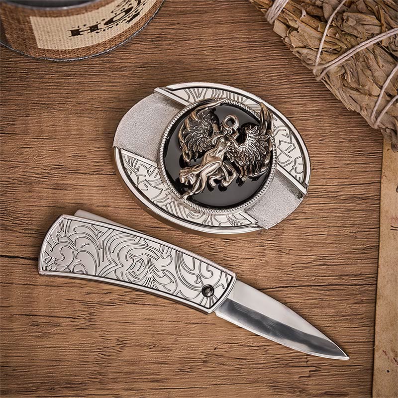Ceinture en cuir avec boucle de couteau pliant dissimulée « Ange de la Protection et de la Foi » - image 1