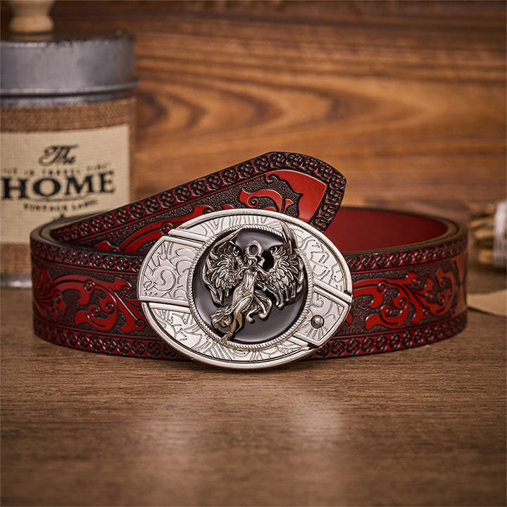 Ceinture en cuir avec boucle de couteau pliant dissimulée « Ange de la Protection et de la Foi » - Ange - Ceinture sculptée marron - 42 - image 6
