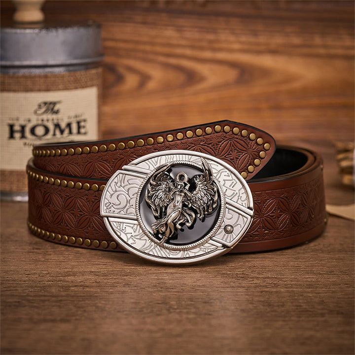 Ceinture en cuir avec boucle de couteau pliant dissimulée « Ange de la Protection et de la Foi » - Ange - Ceinture à rivets marron - 42 - image 4