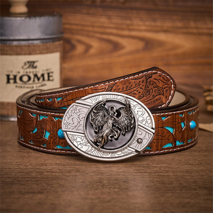 Ceinture en cuir avec boucle de couteau pliant dissimulée « Ange de la Protection et de la Foi » - Ange - Ceinture turquoise sculptée - 42 - image 3