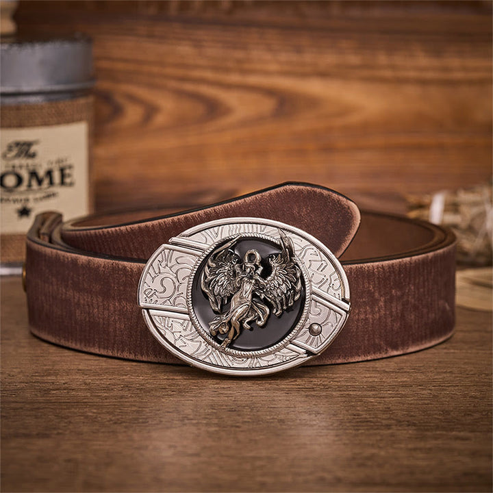 Ceinture en cuir avec boucle de couteau pliant dissimulée « Ange de la Protection et de la Foi » - Ange - Ceinture marron vieillie - 42 - image 5
