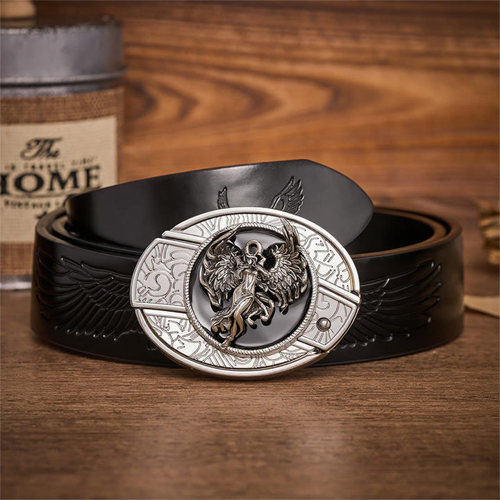 Ceinture en cuir avec boucle de couteau pliant dissimulée « Ange de la Protection et de la Foi » - Ange - Ceinture noire à motif aigle en relief - 42 - image 2