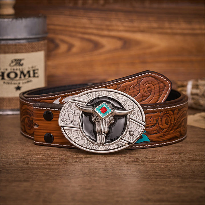Ceinture en cuir avec boucle de couteau pliant dissimulée Desert Spirit Aztec en forme de crâne de taureau et motif de couteau pliant caché - Taureau aztèque - Ceinture de plumes brunes - 40 - image 7