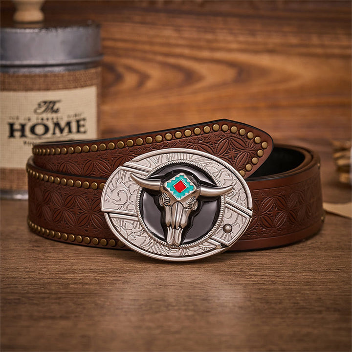 Ceinture en cuir avec boucle de couteau pliant dissimulée Desert Spirit Aztec en forme de crâne de taureau et motif de couteau pliant caché - Taureau aztèque - Ceinture à rivets marron - 42 - image 4